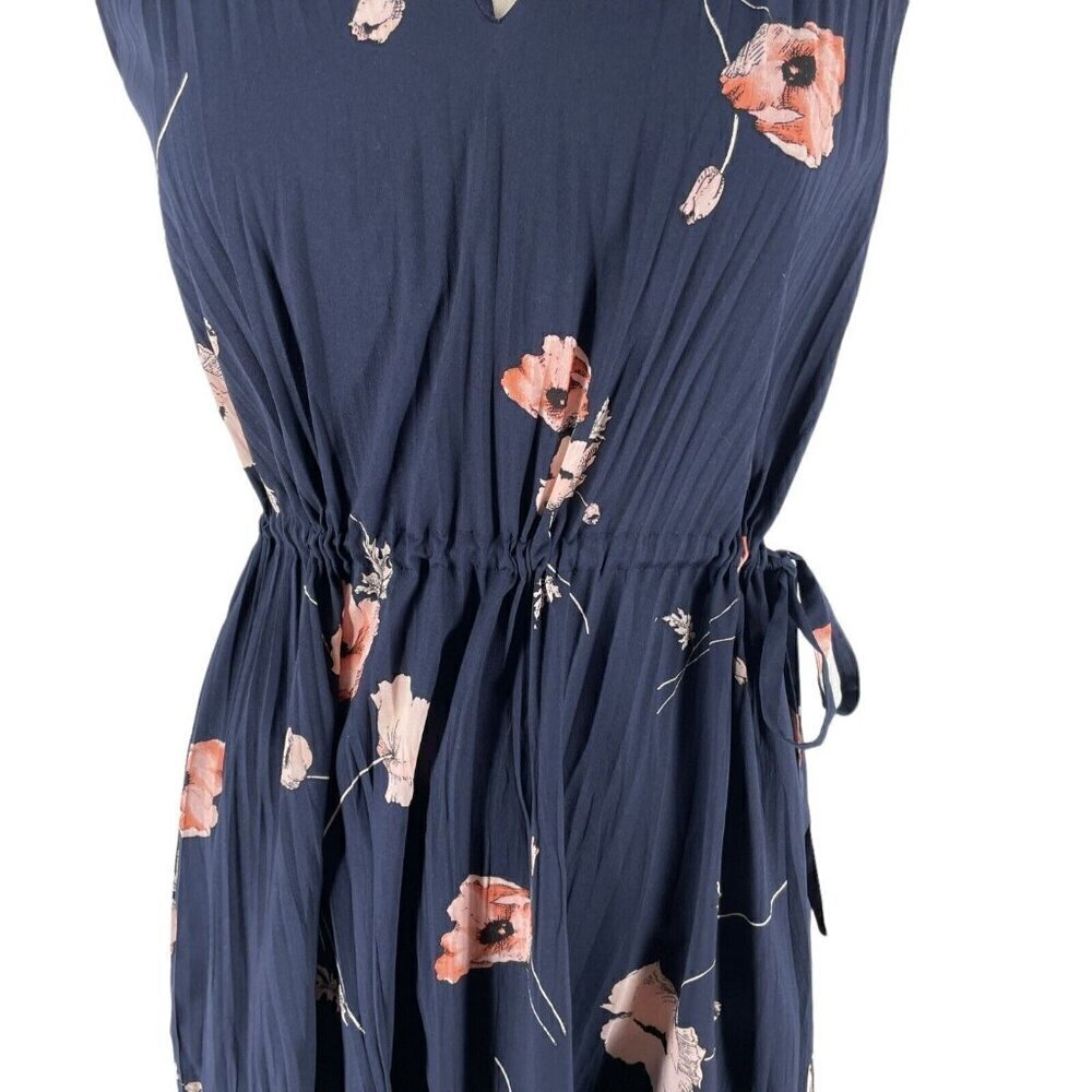 Vince Navy Tossed Poppy Printed Pleated Sleeveless V-Neck Crepe Midi Dress XS - Picture 6 of 10